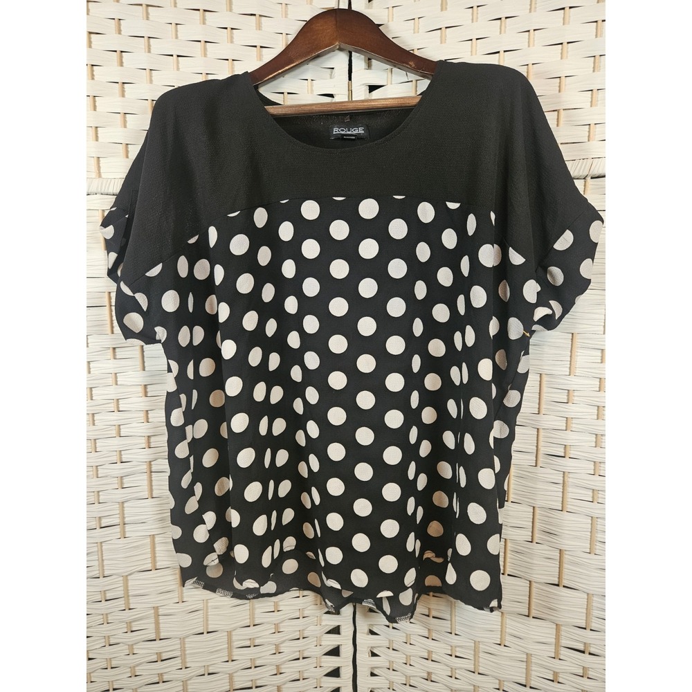 Rouge Collections Womens 2X Semisheer Black & White Polka Dot Blouse Classic